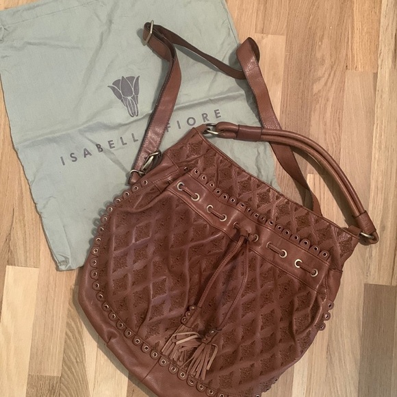ISABELLA Fiore Brown Leather Embroidered Satchel Crossbody Shoulder Bag Purse - Picture 1 of 16